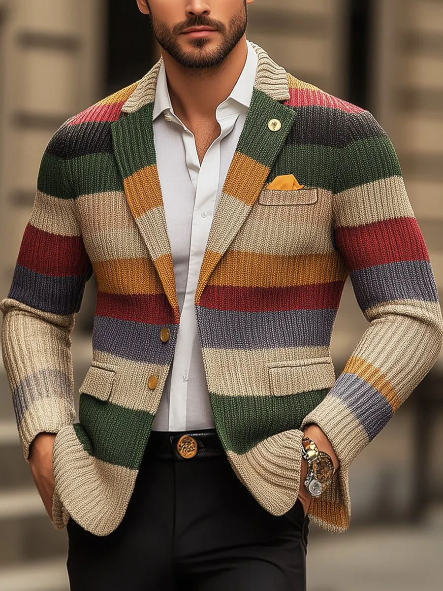 【24-hour shipping】Men's Casual Rainbow Striped Lapel Long Sleeve Knit Cardigan