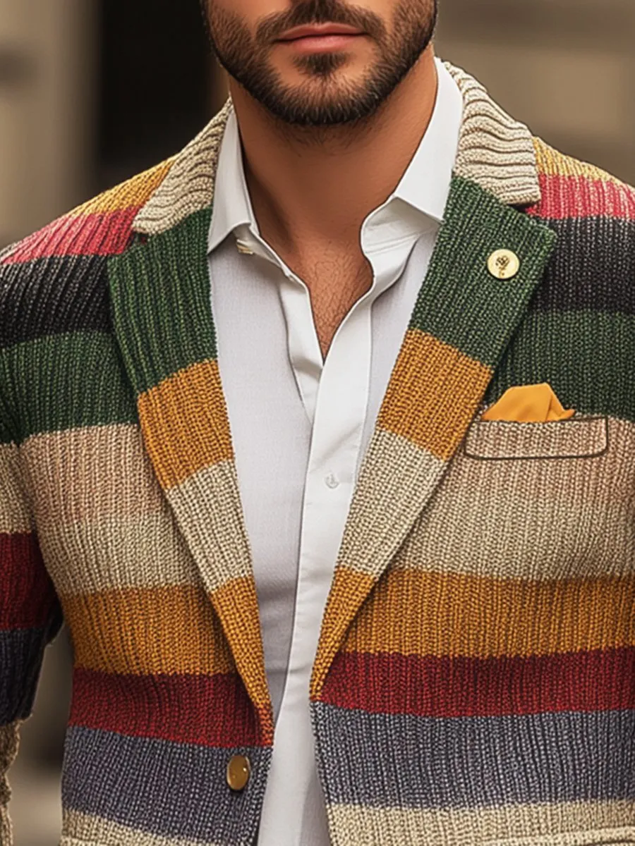 【24-hour shipping】Men's Casual Rainbow Striped Lapel Long Sleeve Knit Cardigan