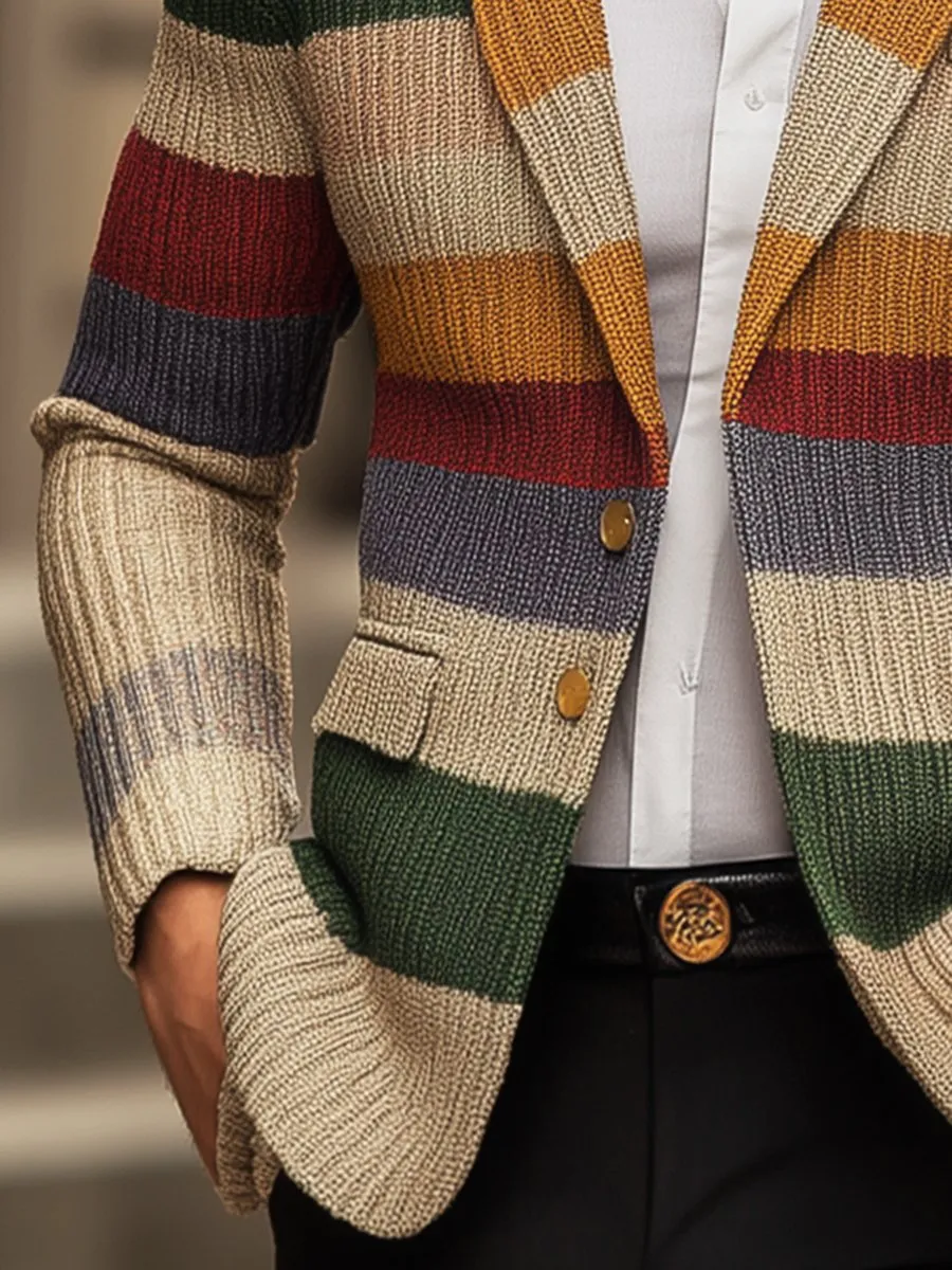 【24-hour shipping】Men's Casual Rainbow Striped Lapel Long Sleeve Knit Cardigan