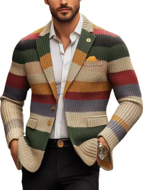 【24-hour shipping】Men's Casual Rainbow Striped Lapel Long Sleeve Knit Cardigan