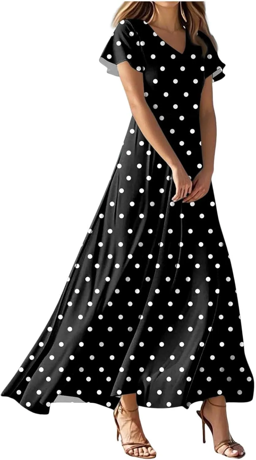 Beach Dresses for Women,2025 Summer Trendy Elegant Wrap V Neck Floral Boho Dress,Flowy Ruched Hawaiian Maxi Dress