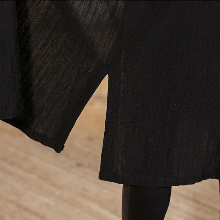 Black Linen-Blend Open Long Cardigan