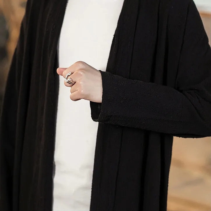 Black Linen-Blend Open Long Cardigan