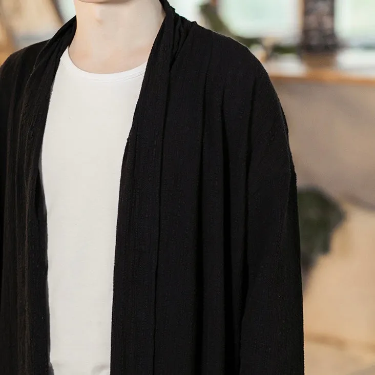 Black Linen-Blend Open Long Cardigan