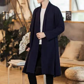 Black Linen-Blend Open Long Cardigan