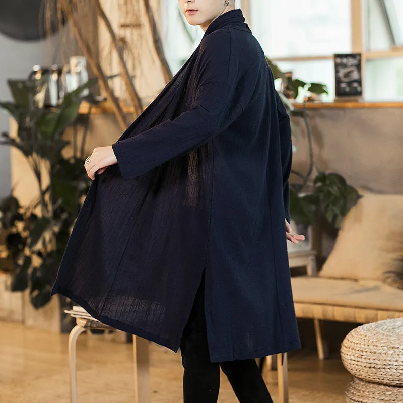 Black Linen-Blend Open Long Cardigan