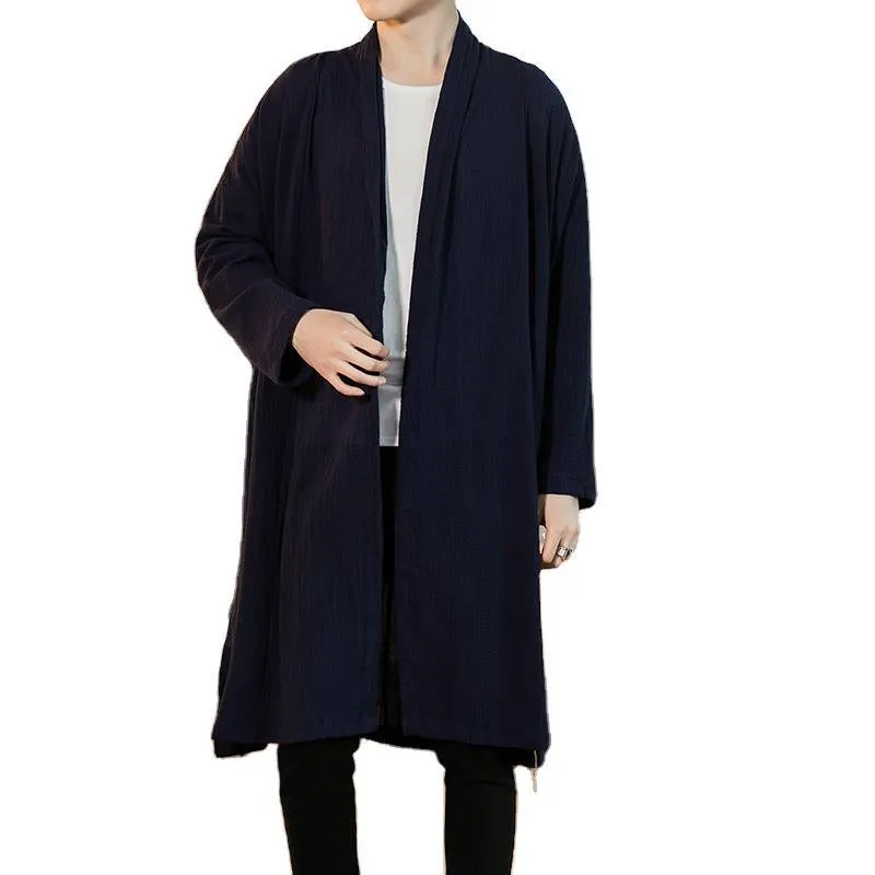 Black Linen-Blend Open Long Cardigan
