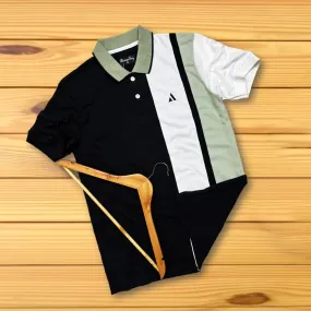 Black Polo T-Shirt Pastel Green & White Vertical Stripes