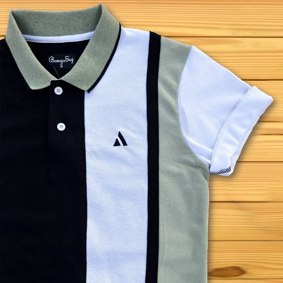 Black Polo T-Shirt Pastel Green & White Vertical Stripes