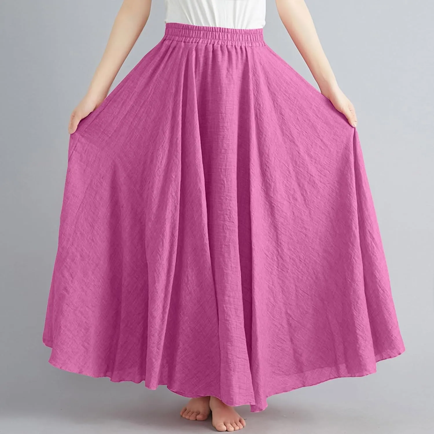 Bohemian Beach Maxi Skirts Womens Summer Solid Linen Elastic Waist Pleated Skirt Casual Fashion Flowy A-Line Skirts