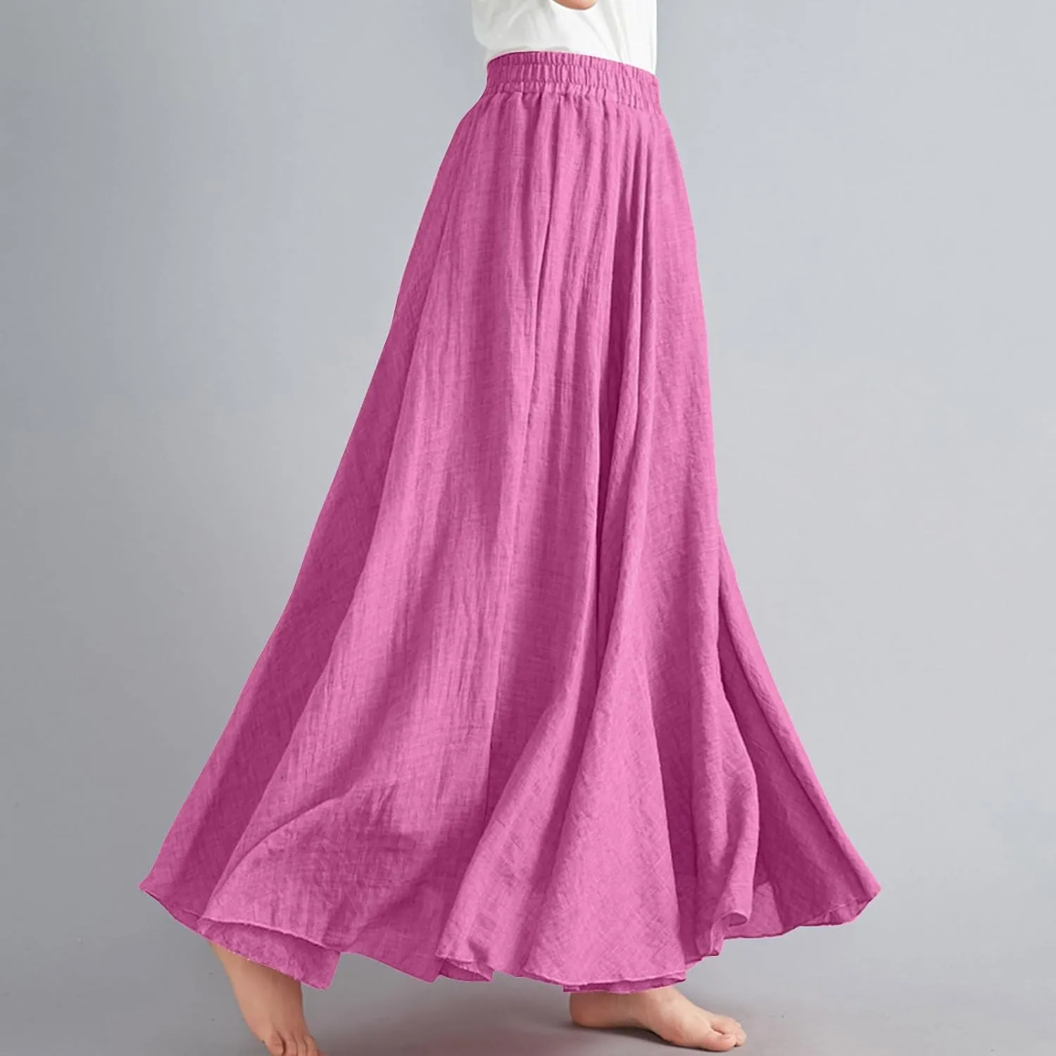 Bohemian Beach Maxi Skirts Womens Summer Solid Linen Elastic Waist Pleated Skirt Casual Fashion Flowy A-Line Skirts