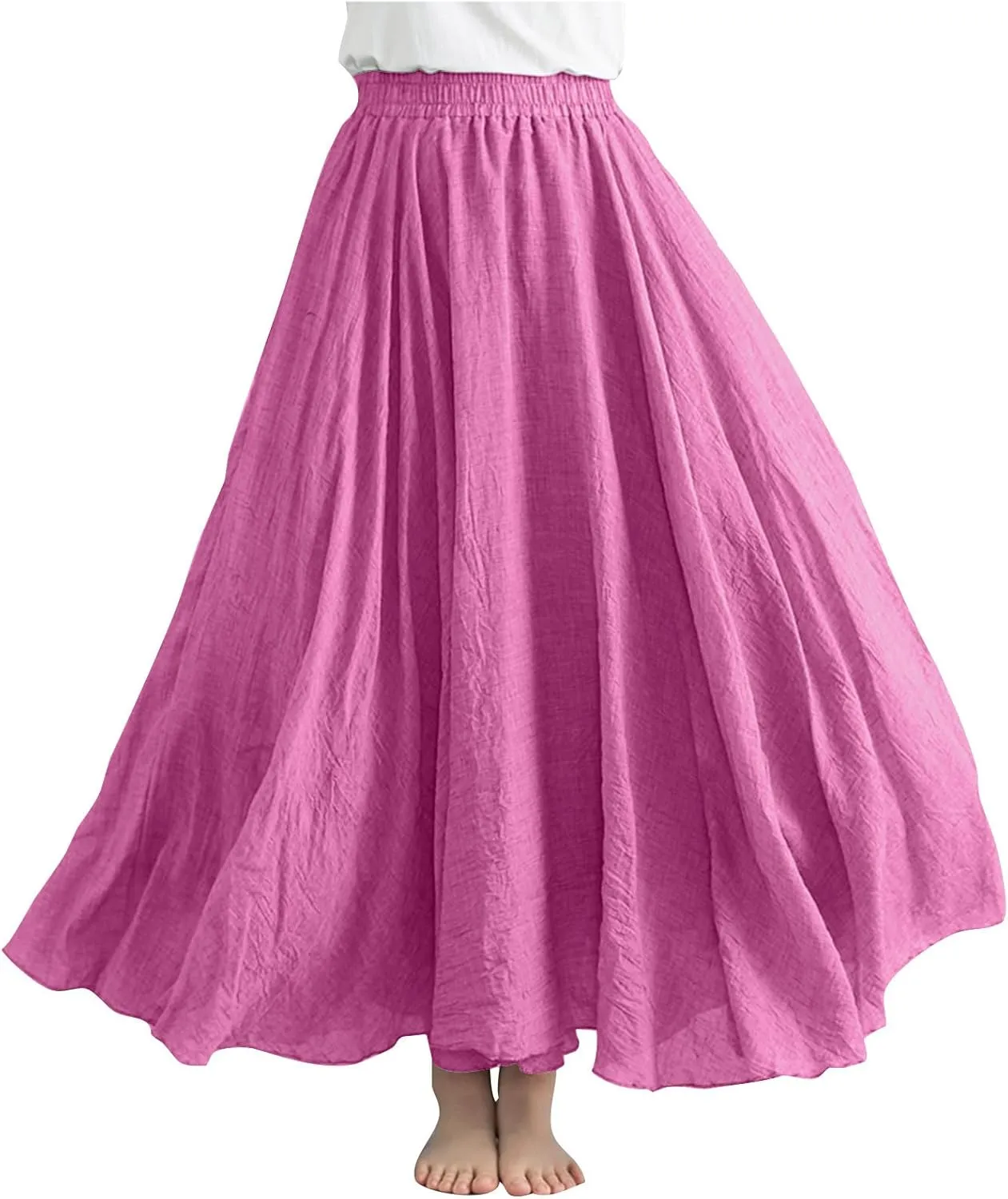 Bohemian Beach Maxi Skirts Womens Summer Solid Linen Elastic Waist Pleated Skirt Casual Fashion Flowy A-Line Skirts