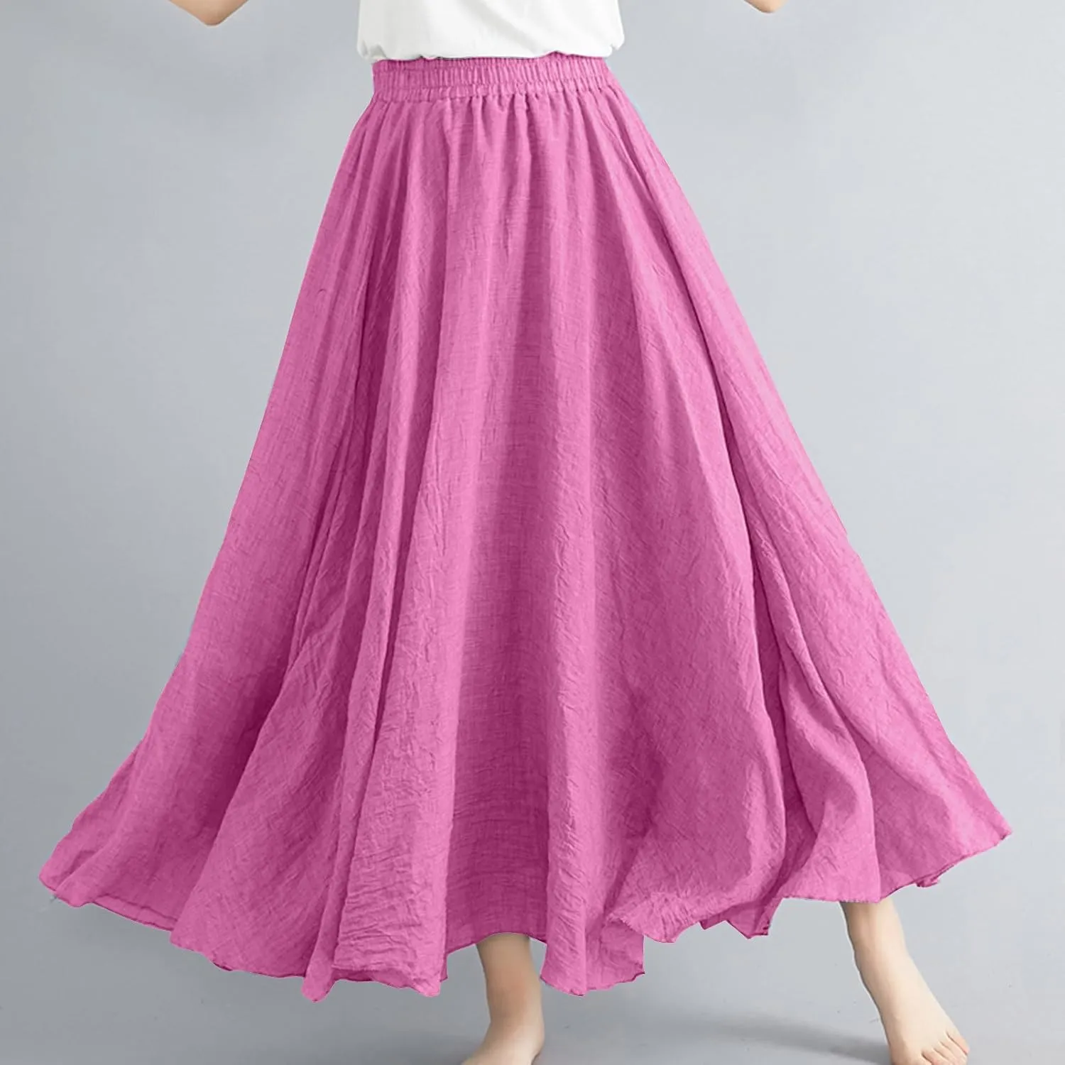 Bohemian Beach Maxi Skirts Womens Summer Solid Linen Elastic Waist Pleated Skirt Casual Fashion Flowy A-Line Skirts