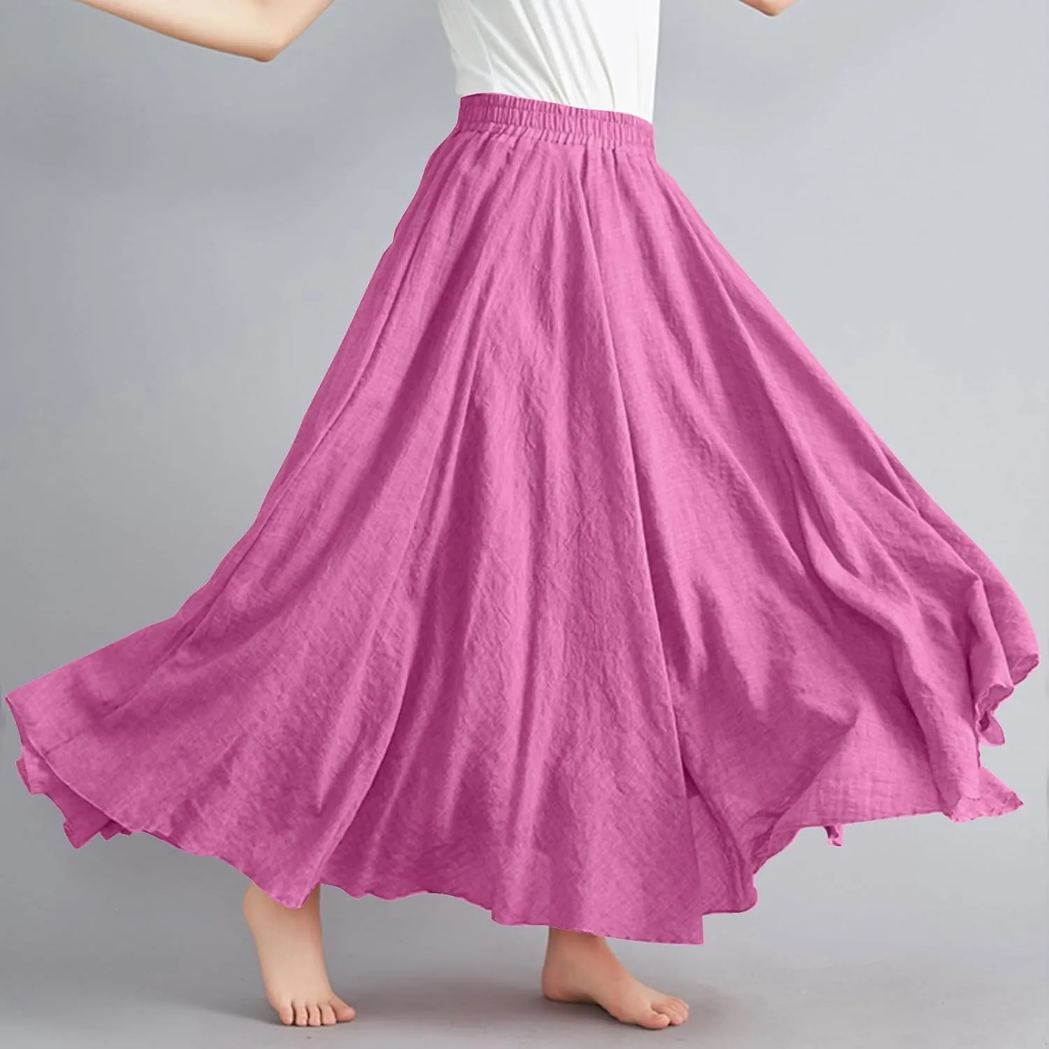 Bohemian Beach Maxi Skirts Womens Summer Solid Linen Elastic Waist Pleated Skirt Casual Fashion Flowy A-Line Skirts