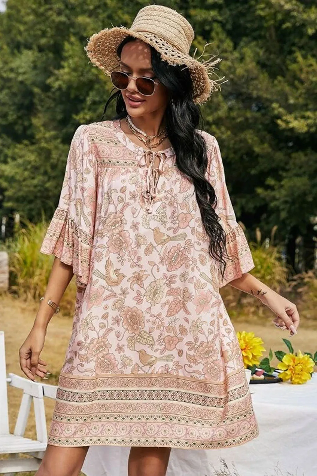 Boho Mini Dress Tunic Dress, Sundress, Bird Garden in Blue, Pink and Apricot