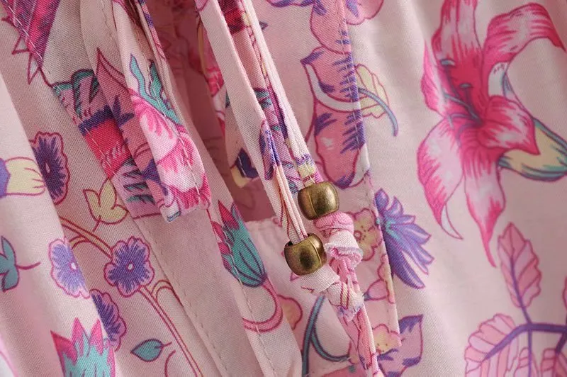 Boho Mini Dress Tunic Dress, Sundress, Bird Garden in Blue, Pink and Apricot