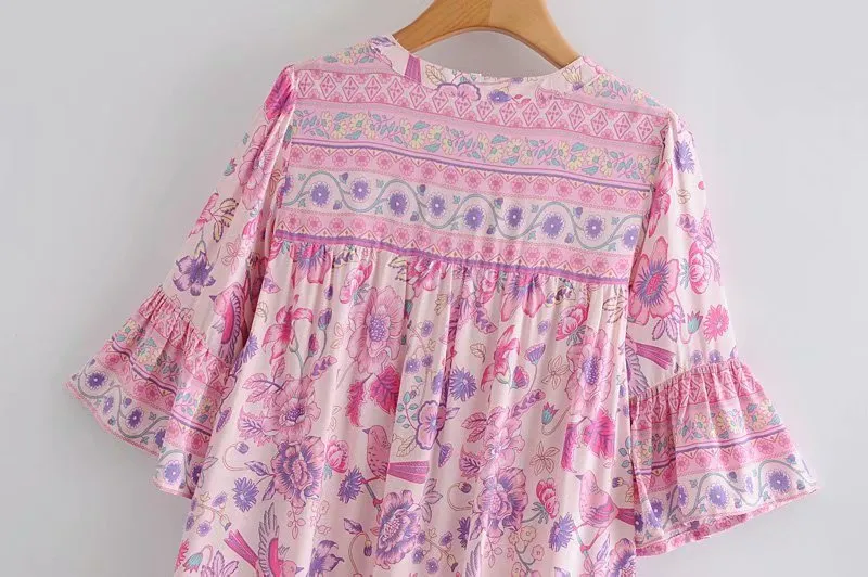 Boho Mini Dress Tunic Dress, Sundress, Bird Garden in Blue, Pink and Apricot