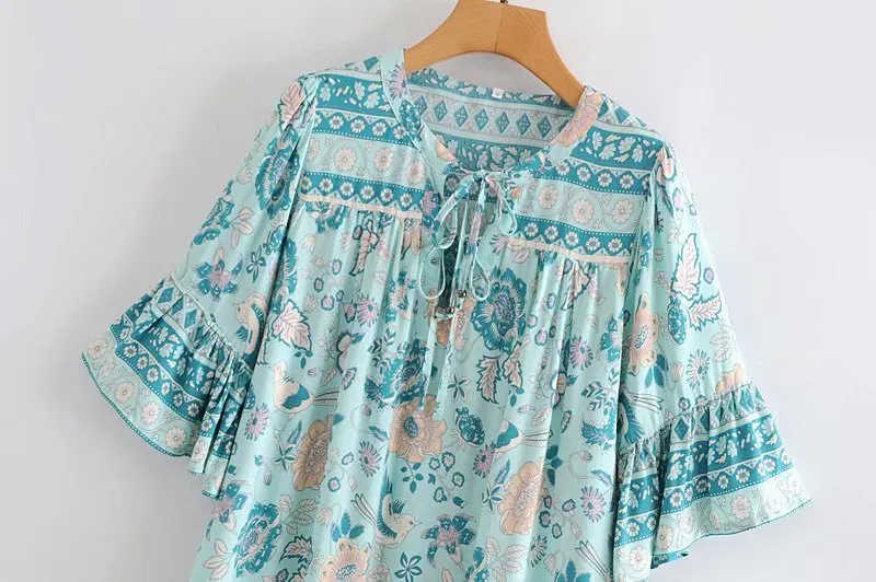Boho Mini Dress Tunic Dress, Sundress, Bird Garden in Blue, Pink and Apricot