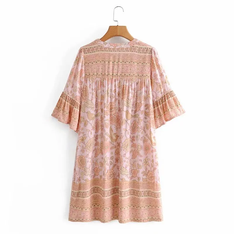 Boho Mini Dress Tunic Dress, Sundress, Bird Garden in Blue, Pink and Apricot