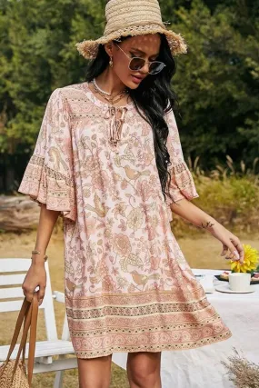 Boho Mini Dress Tunic Dress, Sundress, Bird Garden in Blue, Pink and Apricot