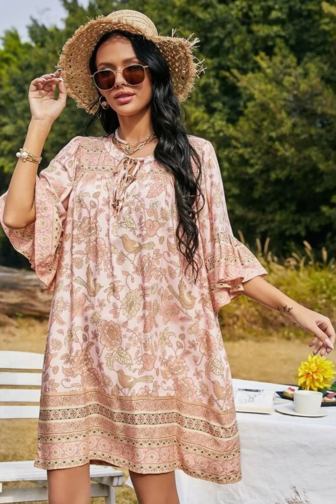 Boho Mini Dress Tunic Dress, Sundress, Bird Garden in Blue, Pink and Apricot