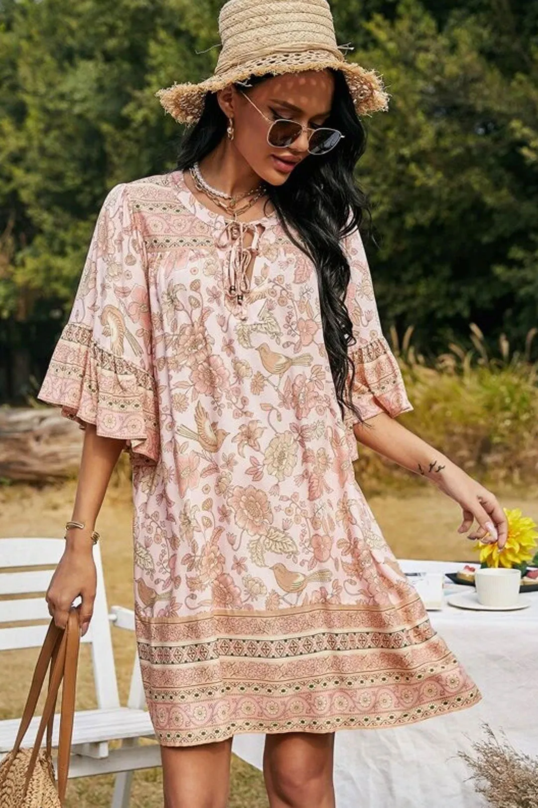 Boho Mini Dress Tunic Dress, Sundress, Bird Garden in Blue, Pink and Apricot