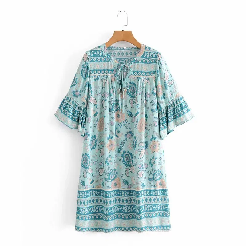 Boho Mini Dress Tunic Dress, Sundress, Bird Garden in Blue, Pink and Apricot