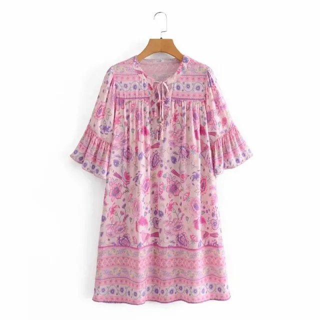 Boho Mini Dress Tunic Dress, Sundress, Bird Garden in Blue, Pink and Apricot