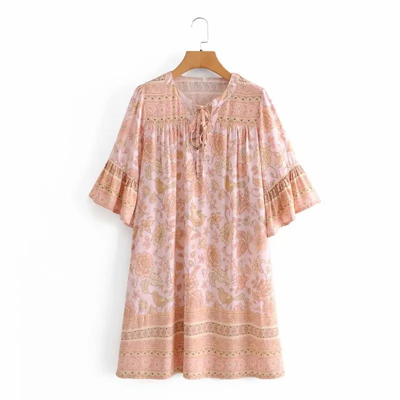 Boho Mini Dress Tunic Dress, Sundress, Bird Garden in Blue, Pink and Apricot