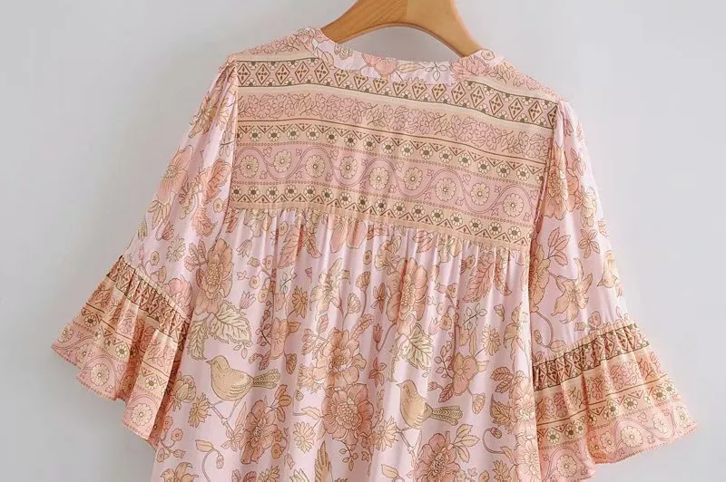 Boho Mini Dress Tunic Dress, Sundress, Bird Garden in Blue, Pink and Apricot