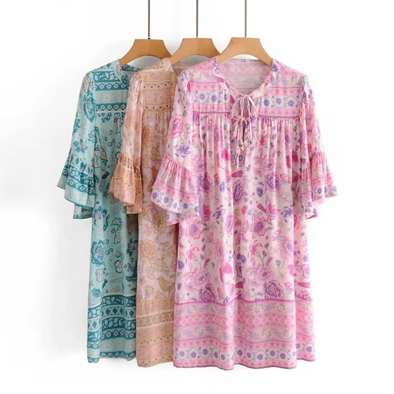 Boho Mini Dress Tunic Dress, Sundress, Bird Garden in Blue, Pink and Apricot