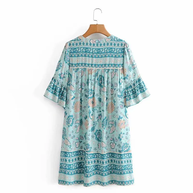 Boho Mini Dress Tunic Dress, Sundress, Bird Garden in Blue, Pink and Apricot