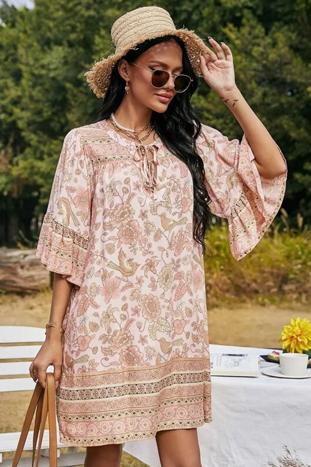 Boho Mini Dress Tunic Dress, Sundress, Bird Garden in Blue, Pink and Apricot