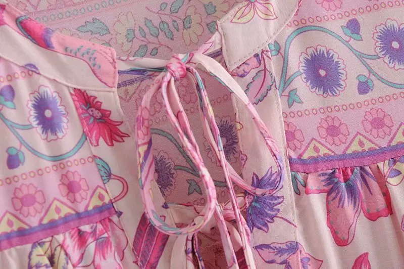 Boho Mini Dress Tunic Dress, Sundress, Bird Garden in Blue, Pink and Apricot