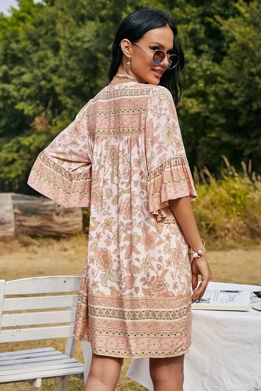 Boho Mini Dress Tunic Dress, Sundress, Bird Garden in Blue, Pink and Apricot
