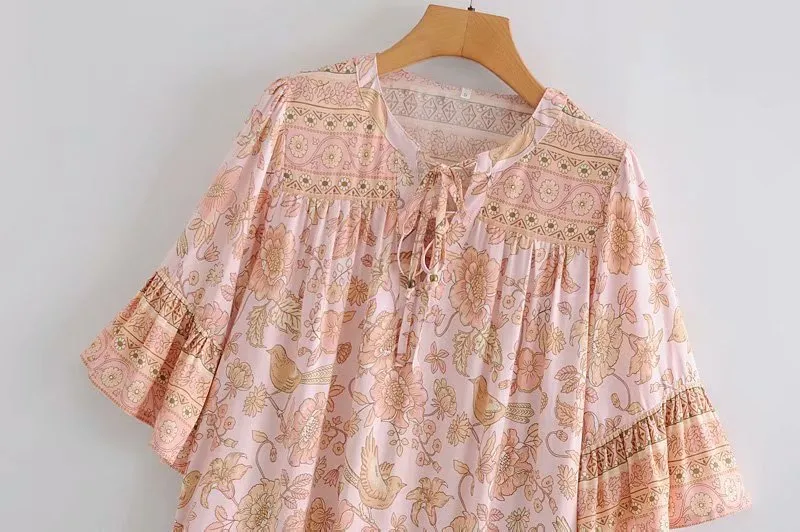 Boho Mini Dress Tunic Dress, Sundress, Bird Garden in Blue, Pink and Apricot