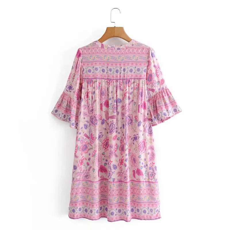 Boho Mini Dress Tunic Dress, Sundress, Bird Garden in Blue, Pink and Apricot