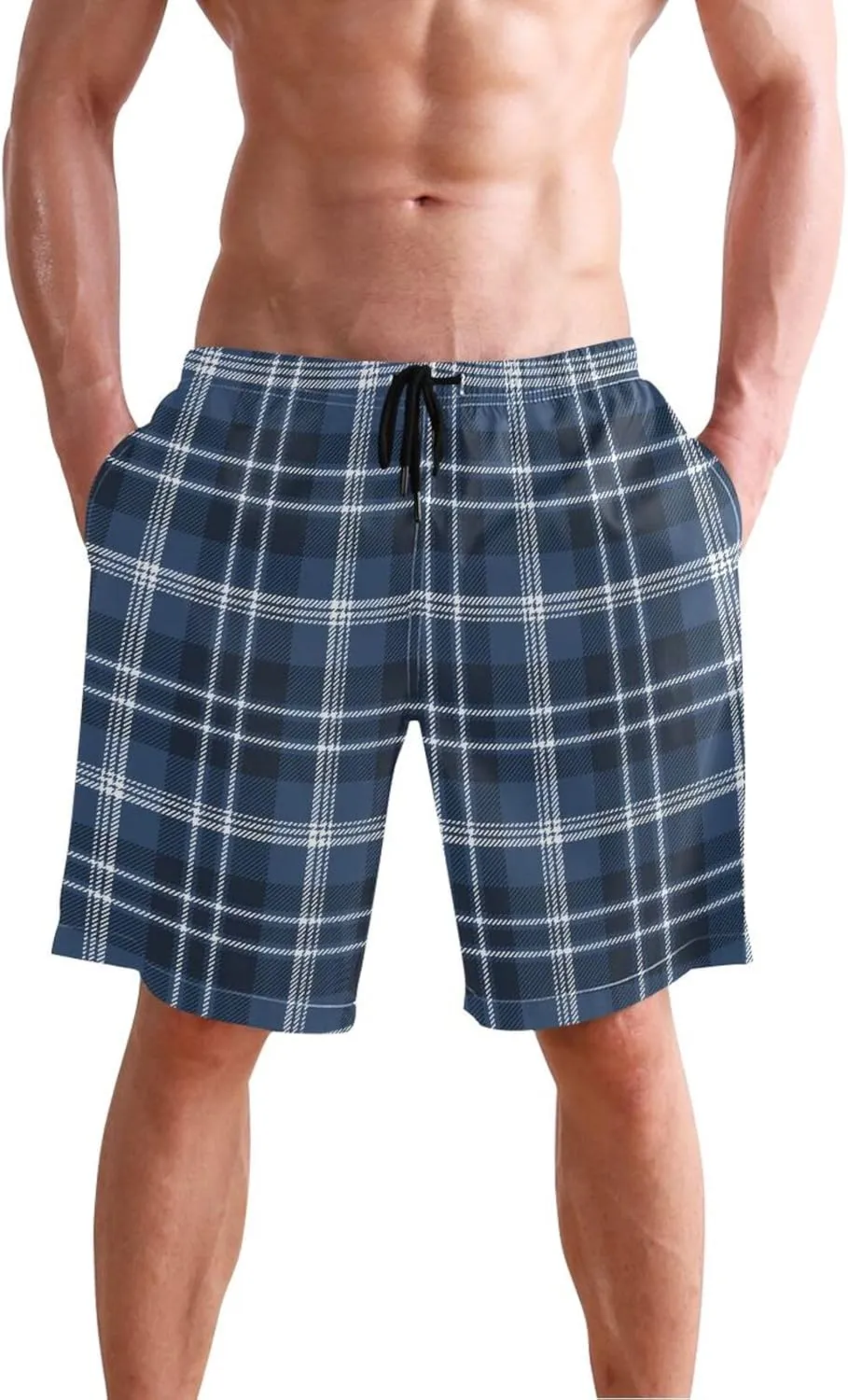 CHIFIGNO Chic Houndstooth Black White Mens Beach Shorts, Small Quick Dry Beach Shorts, Surf Trunks Men