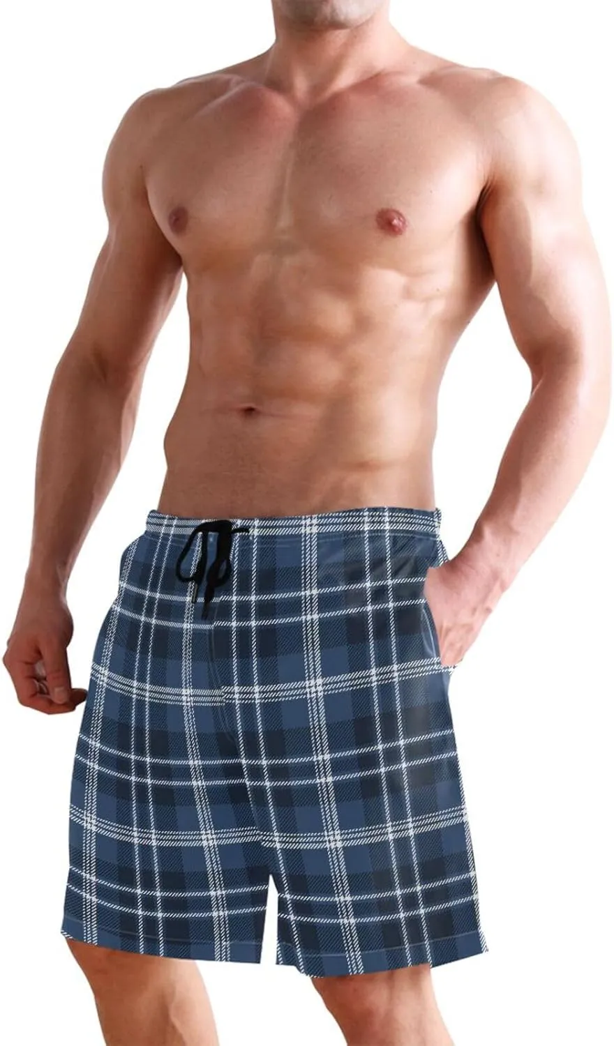 CHIFIGNO Chic Houndstooth Black White Mens Beach Shorts, Small Quick Dry Beach Shorts, Surf Trunks Men
