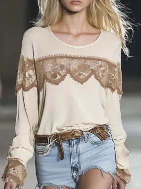 Comfortable Cotton Lace Long Sleeve T-Shirt