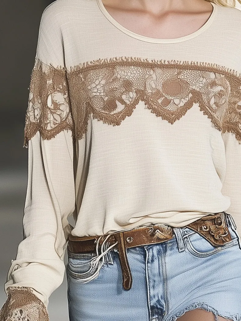 Comfortable Cotton Lace Long Sleeve T-Shirt