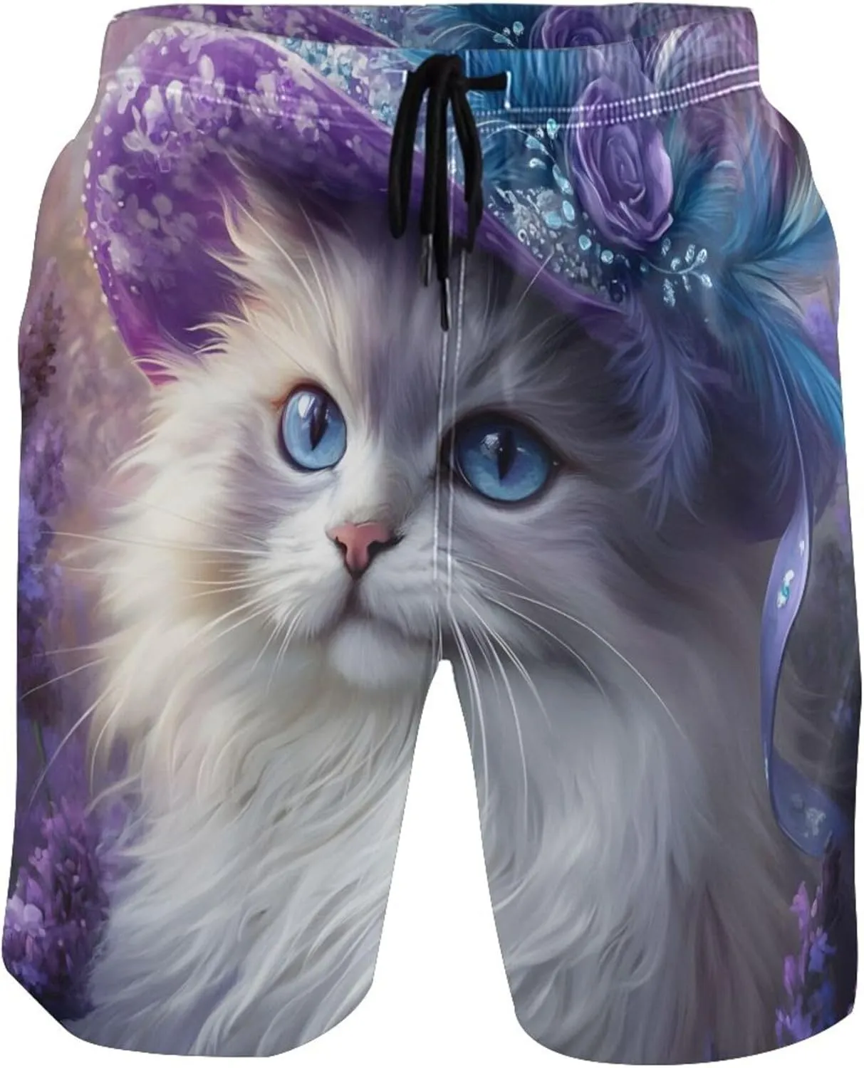 Custom Men's Swim Trunks Funny Chic Persian Cat Purple Hat Swimming Boardshorts Elastic Waist Quick Dry S
