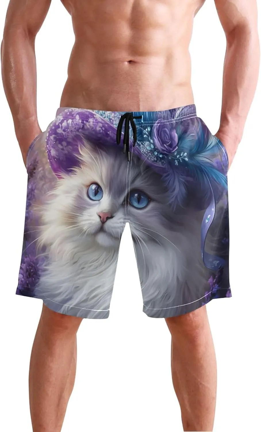 Custom Men's Swim Trunks Funny Chic Persian Cat Purple Hat Swimming Boardshorts Elastic Waist Quick Dry S