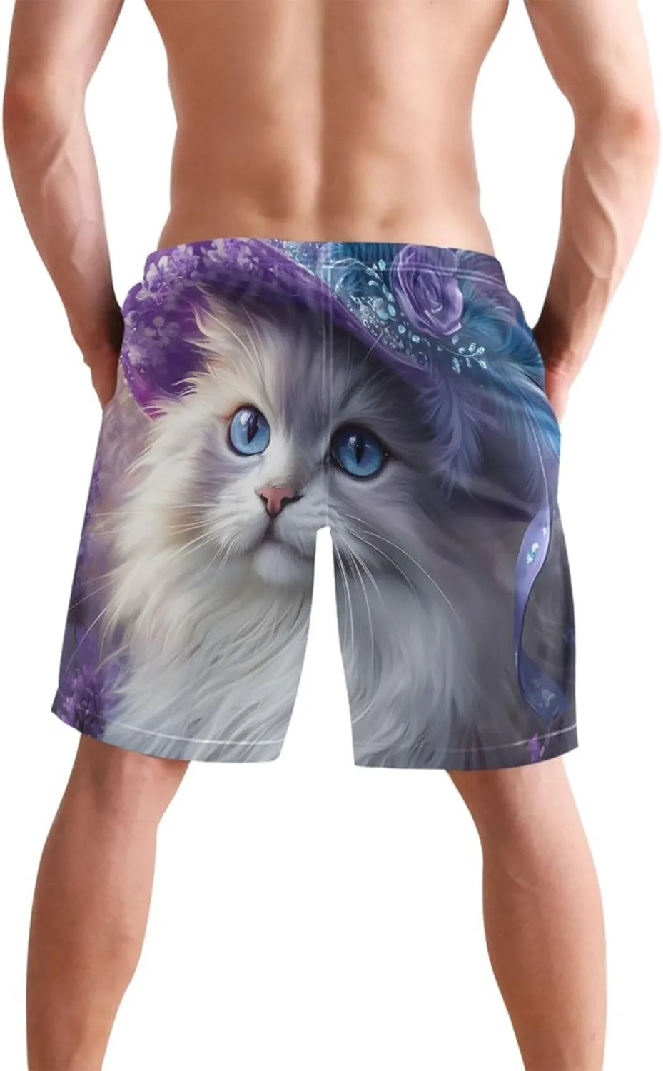 Custom Men's Swim Trunks Funny Chic Persian Cat Purple Hat Swimming Boardshorts Elastic Waist Quick Dry S