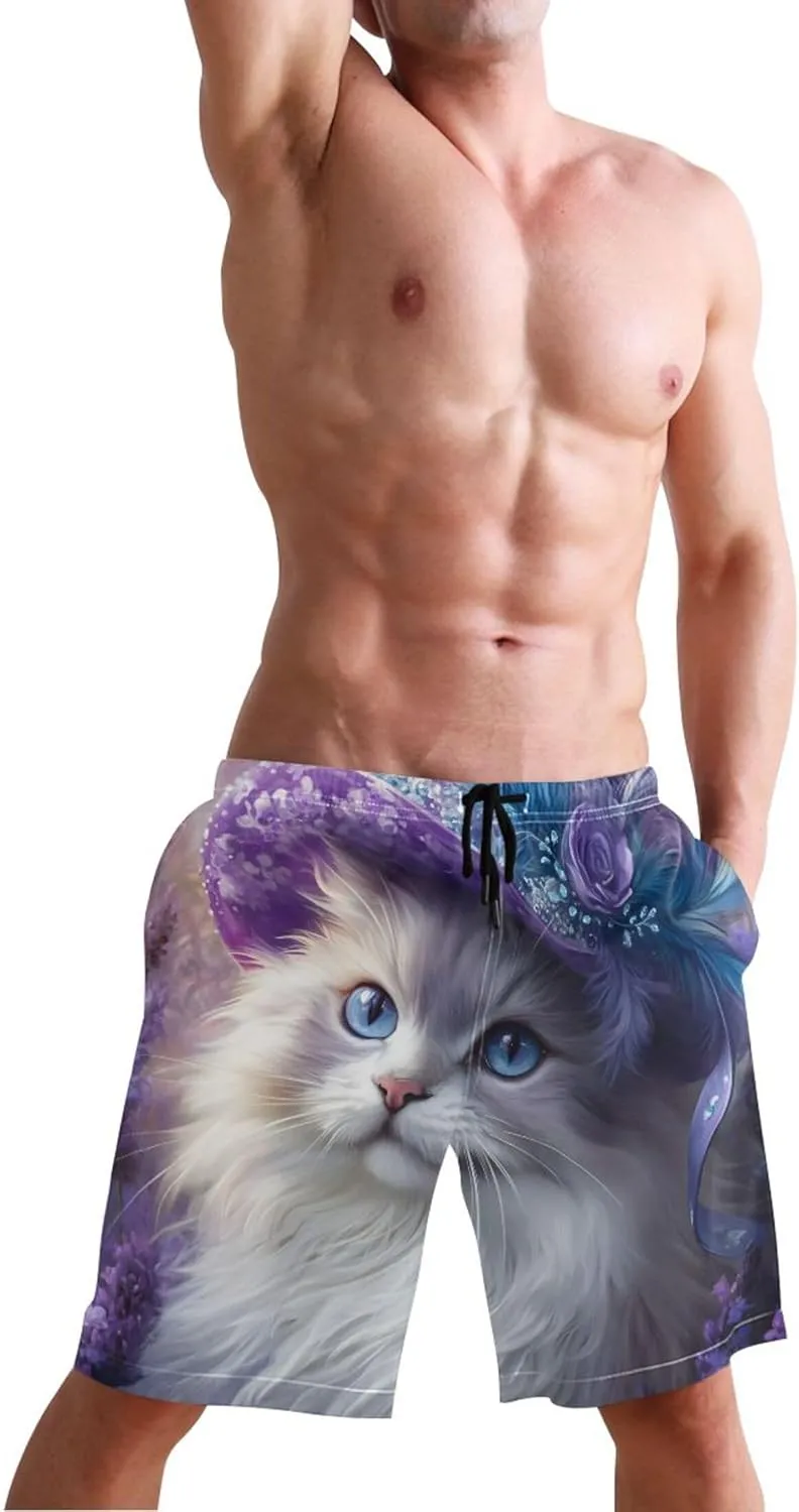 Custom Men's Swim Trunks Funny Chic Persian Cat Purple Hat Swimming Boardshorts Elastic Waist Quick Dry S