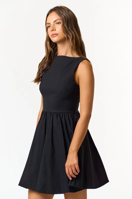 Davina Sleeveless Boatneck Bubble Mini Dress Black
