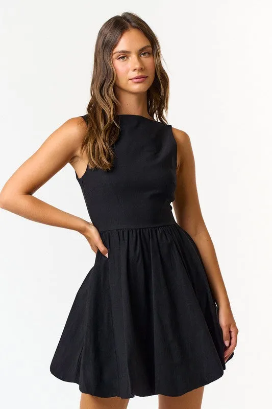 Davina Sleeveless Boatneck Bubble Mini Dress Black