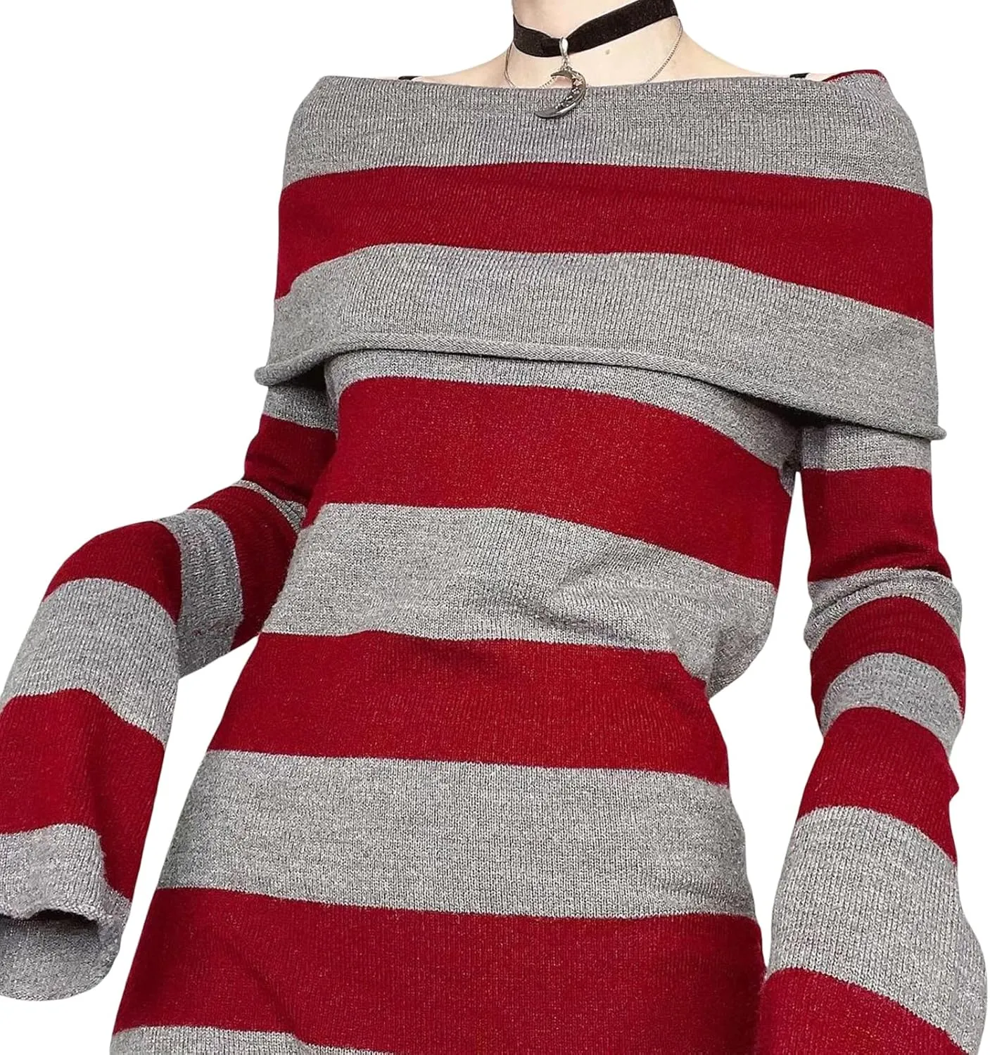 DSORVICD Goth Dress for Women Striped Off Shoulder Long Sleeve Knit Dress Y2k Bodycon Sweater Mini Dress