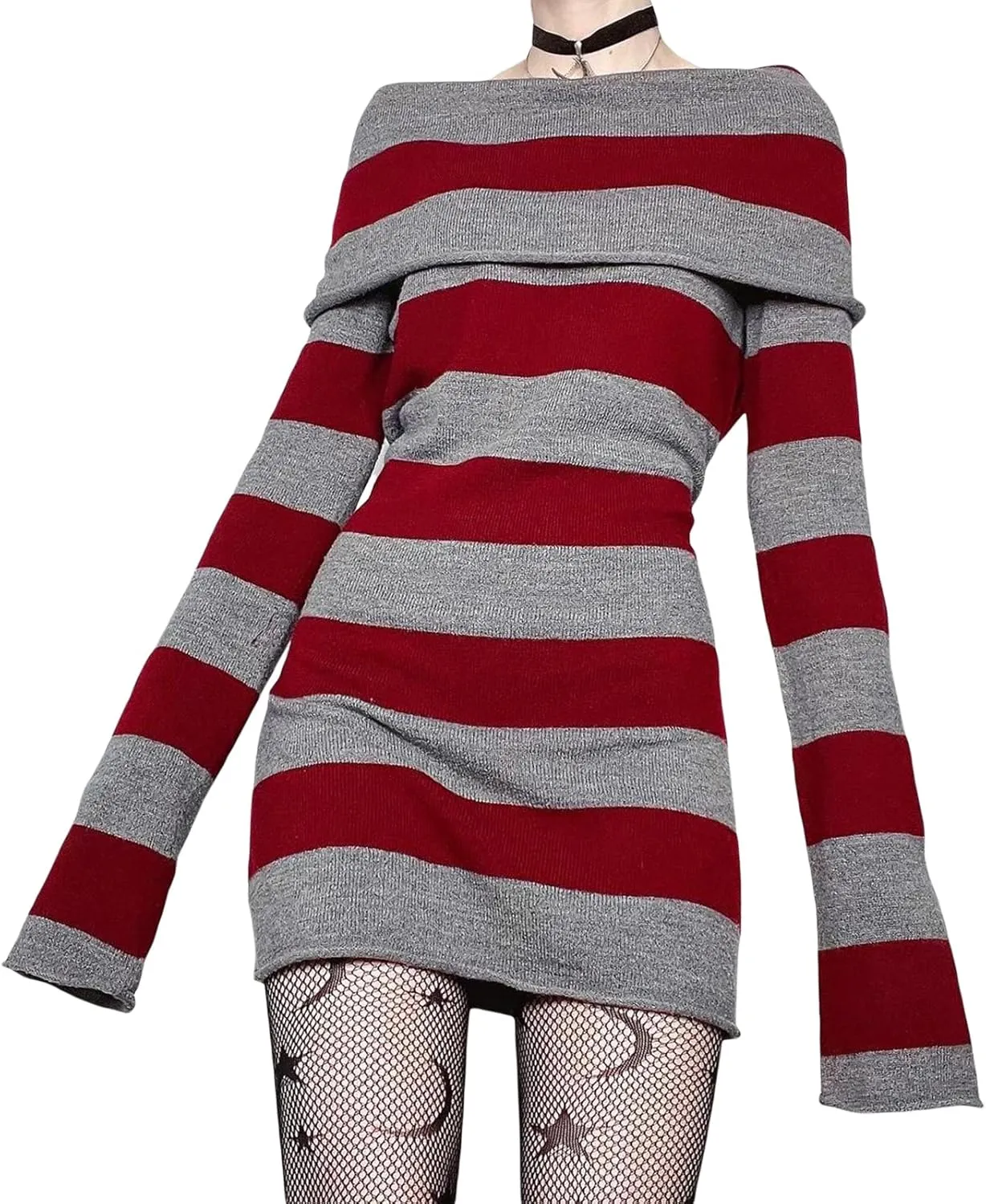 DSORVICD Goth Dress for Women Striped Off Shoulder Long Sleeve Knit Dress Y2k Bodycon Sweater Mini Dress