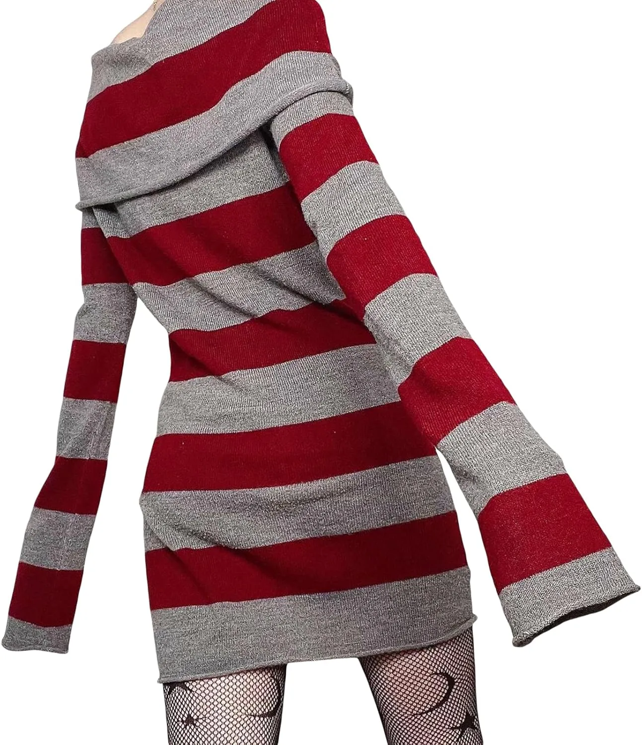 DSORVICD Goth Dress for Women Striped Off Shoulder Long Sleeve Knit Dress Y2k Bodycon Sweater Mini Dress